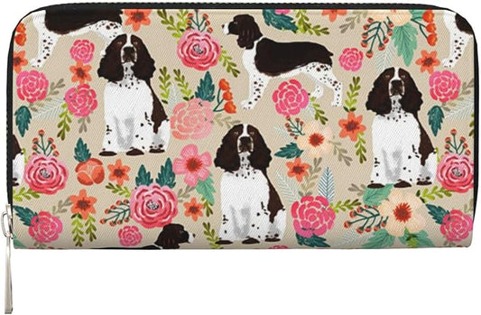 English Springer Spaniel Wallet for Men Women Elegant Long Clutch Zip Around Travel Leather Coin Purse Large Capacity Credit Card Holder Handbag