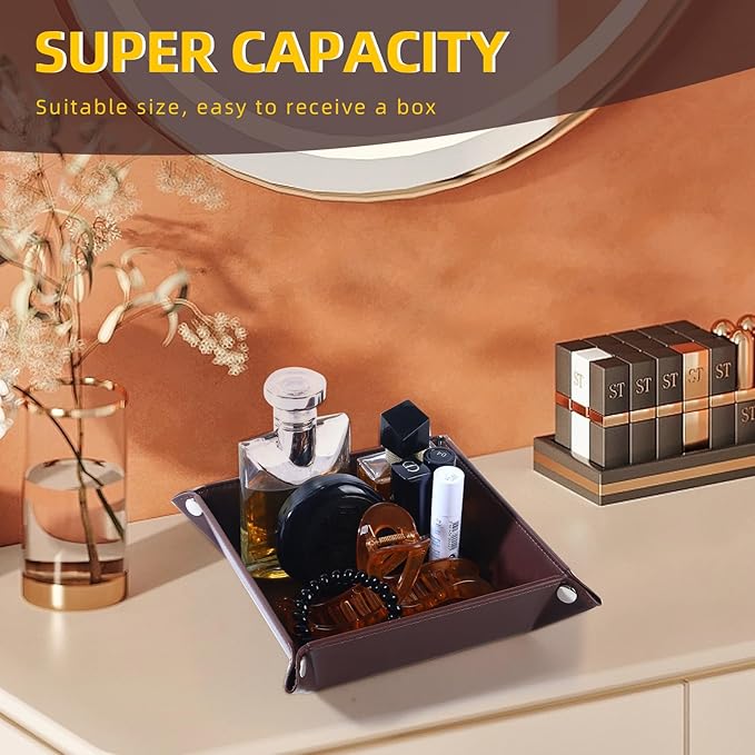 Valet Tray for Men Women - PU Leather Travel Catchall Tray Organizer - Desk Bedside Nightstand Storage Box for Jewelry Key Phone Remote Controller Wallet Watch Glasses Coin Readers - Square