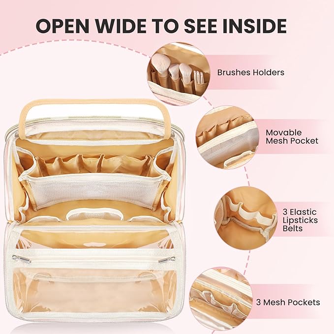 Makeup Bag, Large Capacity with Room for Brushes and Mirror, Travel Makeup Organizer, Portable Standing Make Up Case, Waterproof Cosmetic Bags with Handle, Color Pink