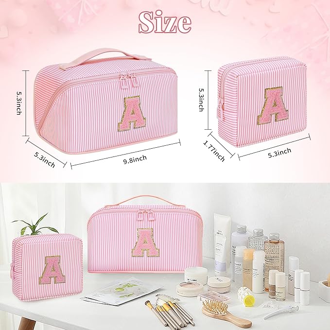 Initial Makeup Bag, Personalized Cosmetic Bag, 2Pcs Large Capacity Make Up Bag for Women, Open Flat Make up Cosmetic Organizer with Handle,Portable Make Up Organizer Pouch for Women - C