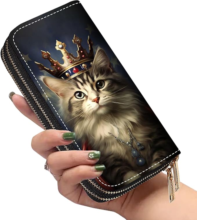 Women's Large Capacity Wallet PU Leather Double Zipper Clutch Purse Multifunctional Wallet with Removable Wristlet Strap for Smart Phone/Coin/Card/Cash, Cat Wearing Crown