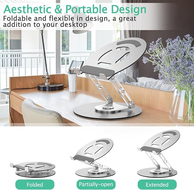 Laptop Stand for Desk Adjustable Computer Stand with 360 Rotating Base Ergonomic Laptop Riser Mount for Desk Foldable Protable Computer Desk Fits with MacBook Pro Air, Round