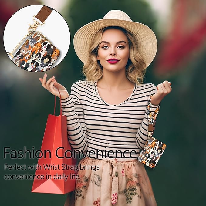 Blusabaca Credit Card Holder for Women, Dogs Small RFID Blocking Wallet with Wristlet Strap, Keychain Wristlet Zipper Women Wallet, Leather Card Case, Accordion Card Wallet Purse with Key Lanyard