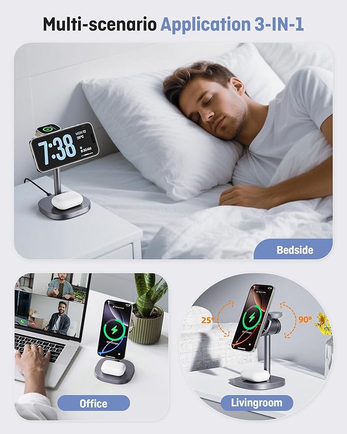 3 in 1 Wireless Charging Station, Qi2.2 25W Certified Fast Magnetic Charger, Mag-Safe Wireless Charger Stand with TEC Active Cooling, for iPhone17/16/15/14/13/12, Apple Watch/AirPods