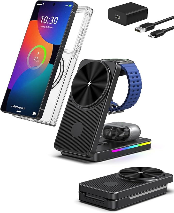 Magnetic Wireless Charger for Samsung Galaxy S26 Ultra, 3 in 1 Wireless Charging Station for Samsung Watch 8, Travel Foldable MagSafe Charger Stand for Android S25 Ultra/Z Fold/Z Flip 7, Buds 4 Pro