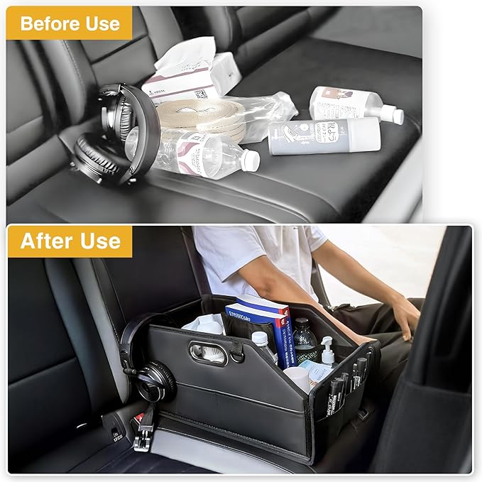 Car Seat Organizer for Back Seats&Front-Foldable PU Leather Storage with Adjustable Dividers,2 Cup Holders&7 Mesh Pockets-Detachable Design with Metal Handles for Kids Travel,Toys,Snacks