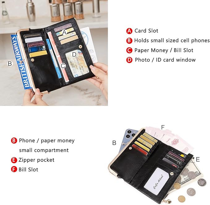 Vintage Wallets for Women Large Bifold Kiss Lock Wallet for Women Leather Zip Clutch Coin Purse
