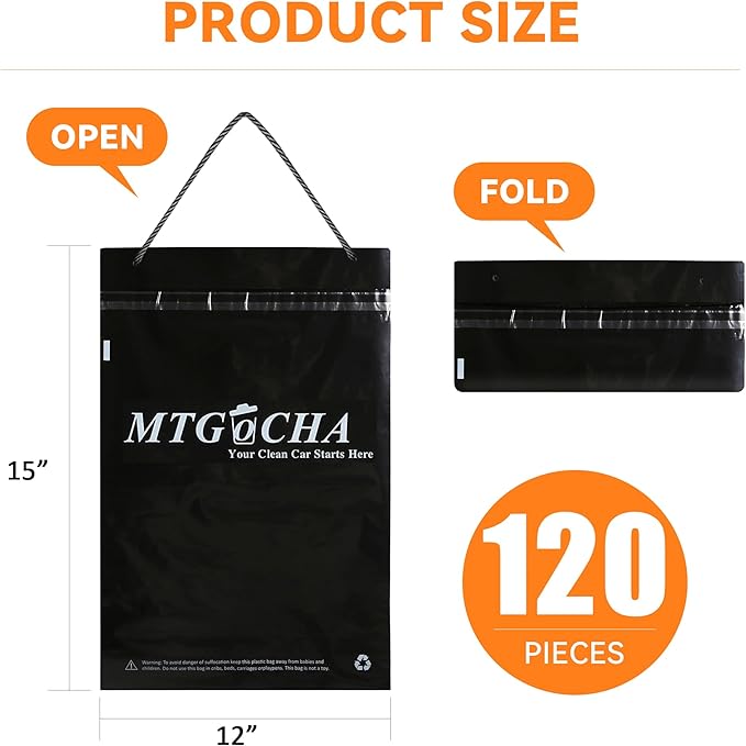 Disposable Car Trash Bags Hanging (Set of 120) - Leak-Proof, Smell-Proof, Recycled Car Garbage Bags, Automobile Trash Container, Road Trip Essentials, Black-Medium
