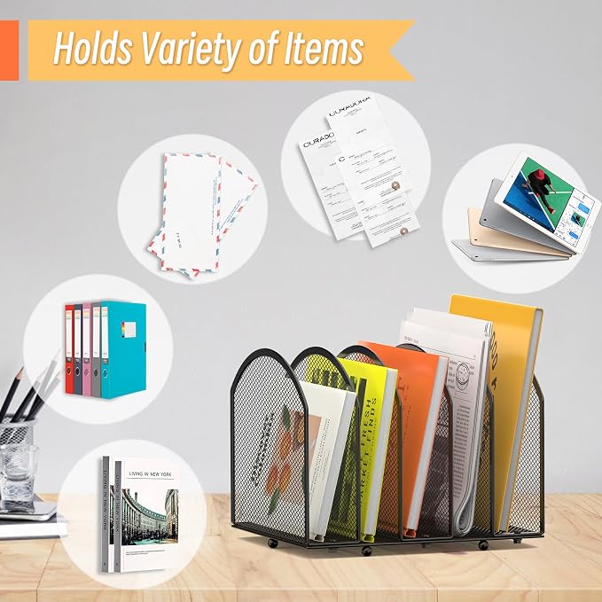 MINDEPOT Desk File Organizer 5 Sections Desktop Organizer File Mail Sorter Office Organization File Folder Holder for Office School & Classroom (Black, 5 Section - 2Pack)