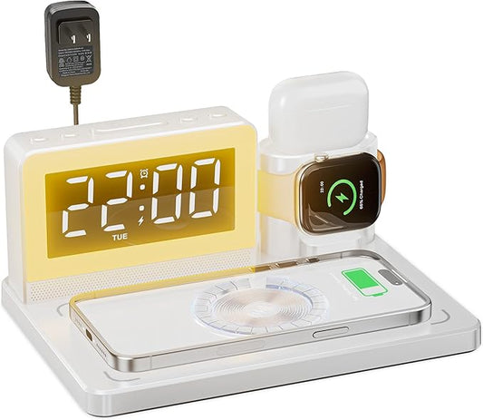 Wireless Fast Charging Station - 7 in 1 Alarm Clock with Wireless Charger Stand - Charging Dock for Apple,for Samsung Galaxy Multiple Devices - for iPhone Watch,for Airpods (White)