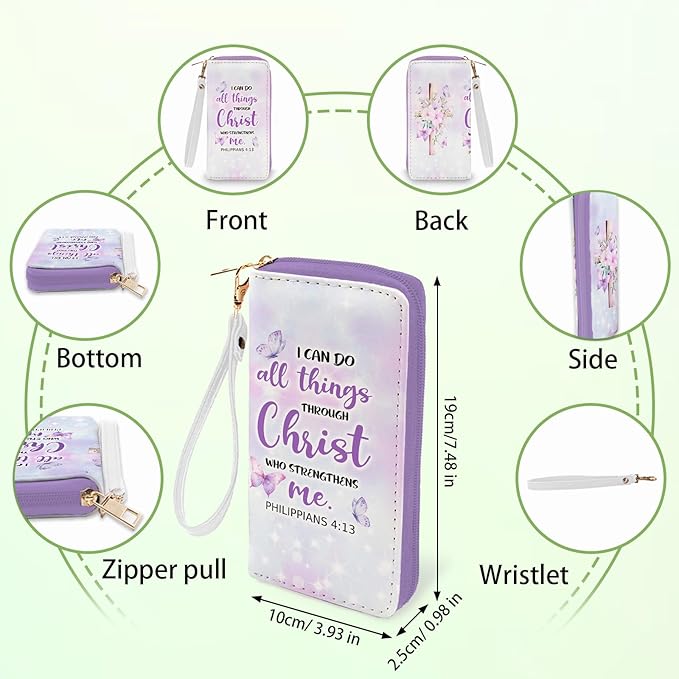 Christian Gift for Womens Wallet - Small Slim PU Leather I Can Do All Things Christ Wallet for Women with Zipper, Credit Card Holder Wallets, Wristlet Wallets for Female Girl (Inspire Religion Gift)