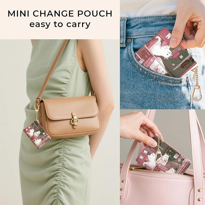 Cute Japanese Cats Keychain Coin Purse for Women, Small PU Leather Change Pouch, Zipper Little Tiny Travel Wallet for Girls, Cute Kawaii Zip Pocket Coin Holder with Key Ring
