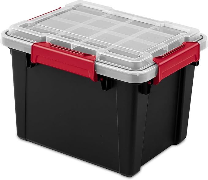 Sterilite 6 Pack 5 Gallon Gasket Box, Stackable Plastic Storage Container with Lids, Black - Waterproof and Dustproof Tote for Home Organization
