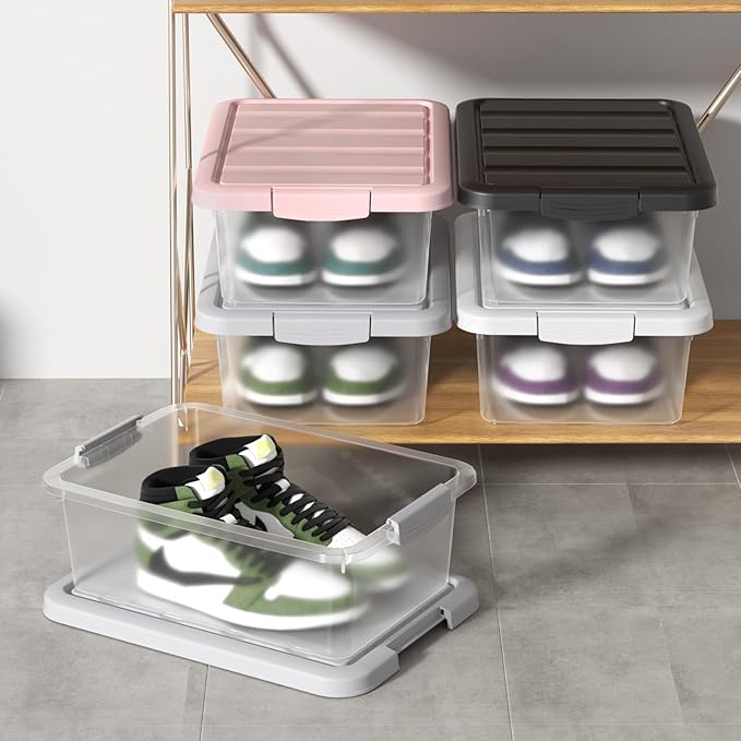 Clear Storage Bin with Lid, Plastic Stackable Container Organizer, Medium-14 Quart, Grey, 2 Pack