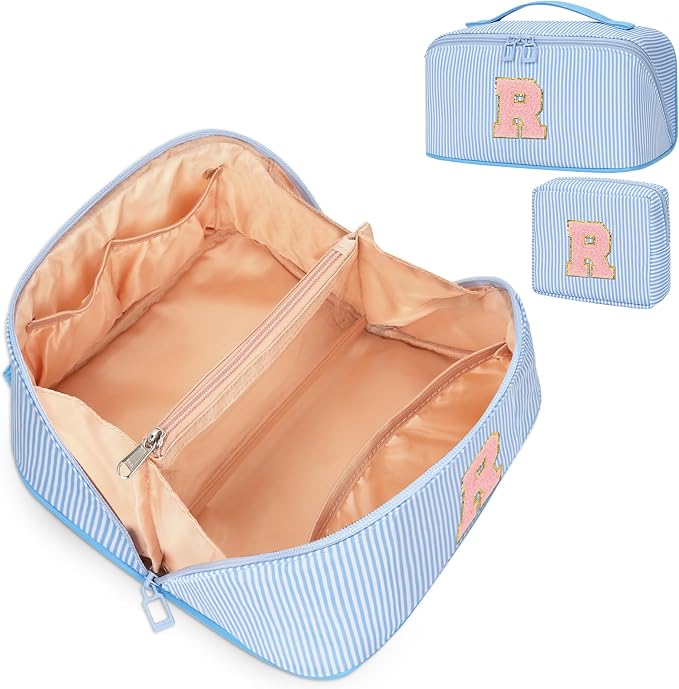 2026 Graduation Gifts - Travel Makeup Bag for Women, 2Pcs Portable Personalized Initial Makeup Organizer Bag, Open Flat Large Cosmetic Bag With Travel Essential Pouch (Blue Letter R)