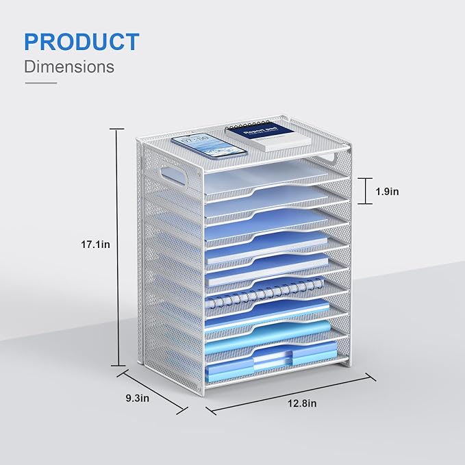 OUTWOLF 10 Tier Paper Organizer - Letter Tray Mesh Desk File Organizer with Handles for Office School Desktop, White
