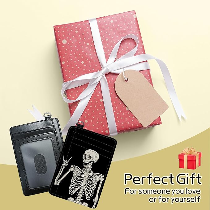 Small Travel Wallets, Skull Skeleton Slim Minimalist Front Pocket Wallet with Wristlet, RFID Blocking PU Leather Credit Card Holder with ID Window Change Purse for Men Women