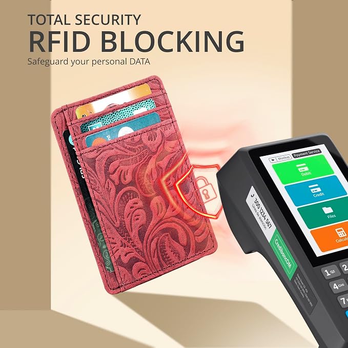 Real Leather Slim Minimalist Wallet for Men and Women -RFID Blocking Front Pocket Thin Credit Card Holder Stylish Wallets (Red1)