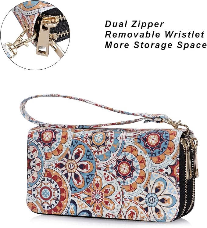 Cellphone Wallet for Women Dual Zipper Long Purse with Removable Wristlet