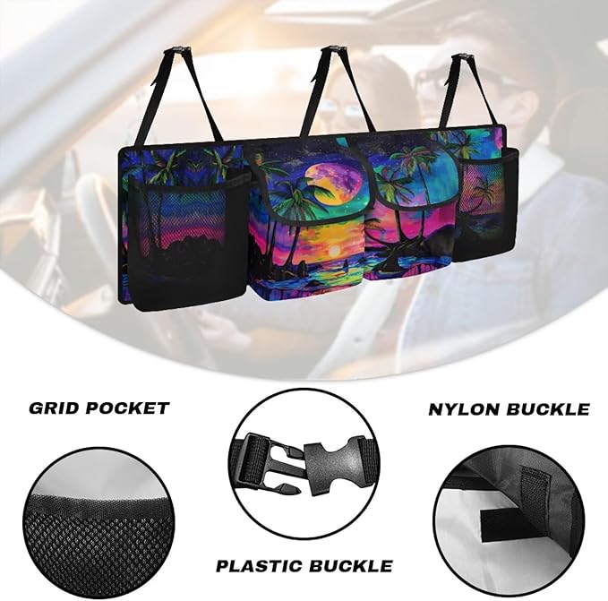 Sunset Car Trunk Organizers,Coconut Tree Colorful Design Backseat Hanging Organizer with 4 Large Storage Bag,Bag with Lids,Road Trip Adjustable Strap Machine Washable