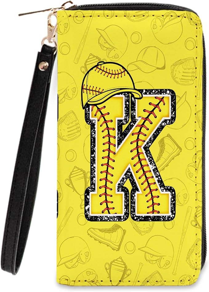 Softball Lovers Gift Womens Wallet - Small Slim PU Leather Letter K Wallet for Women with Zipper Purse, Credit Card Holder Wallets, Wristlet Wallets for Girls Women Player Coach (Letter K Gifts)