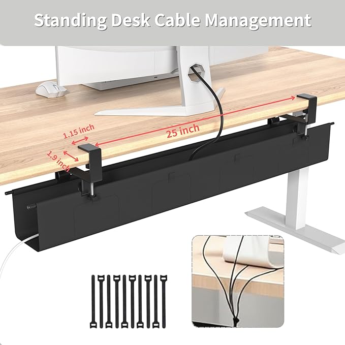 No Drill Under Desk Cable Management Tray, 47.5” Fabric Clamp Mount Cord Organizer for Table, Heavy Duty Wire Management for Office Home, Black