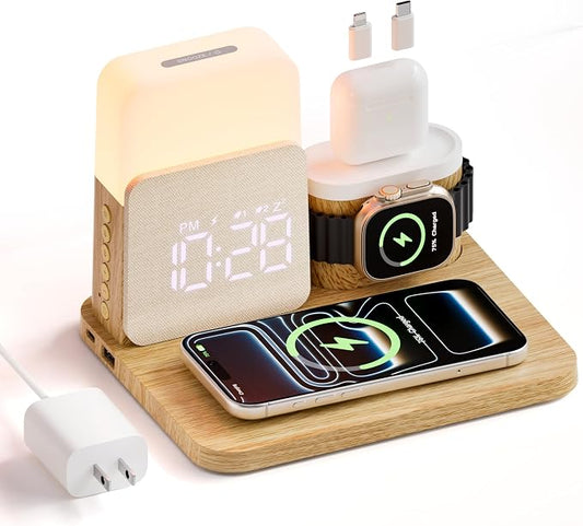 7 in 1 Wireless Charging Station, Magnetic 25W Fast Charger with Alarm Clock & Night Light, Bedside Charging Stand for iPhone 17 16 15 14 13 12 Pro Max, Apple Watch, AirPods, Bedroom