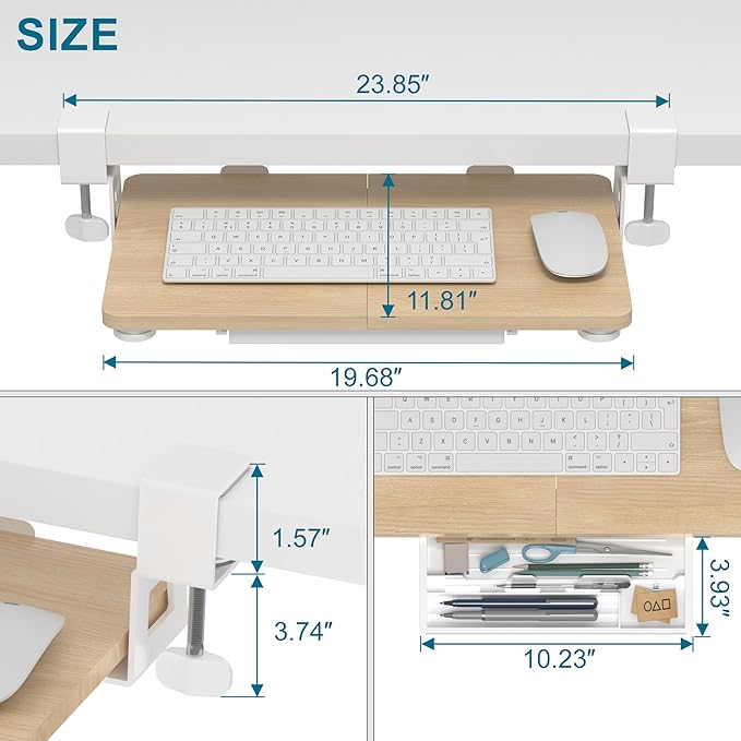 ETHU Keyboard Tray Under Desk, 19.7" X 11.81" Small Size Keyboard Drawer with C Clamp-on Mount Easy to Install, Computer Keyboard Stand Slide Pull Out, Ergonomic Keyboard Tray for Home & Office, Oak
