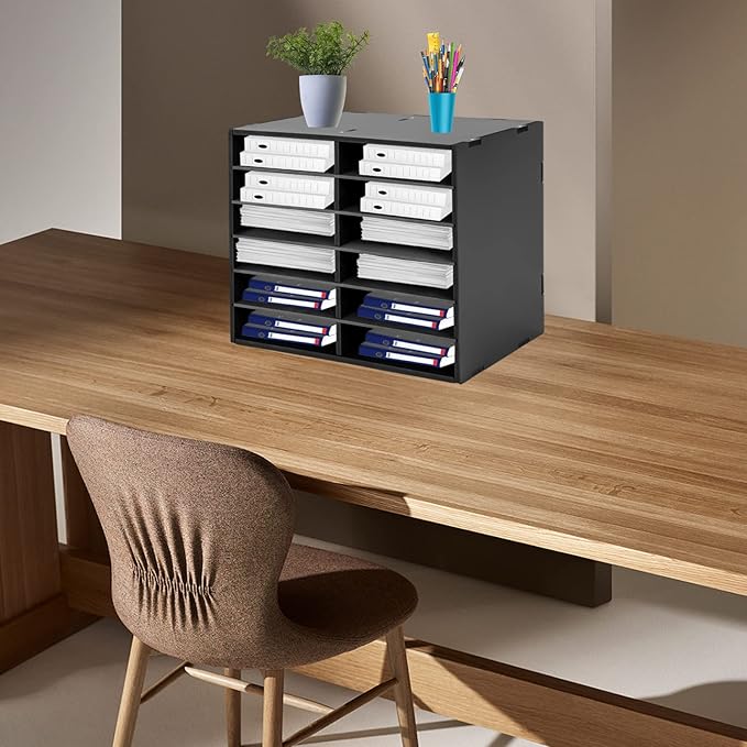 Literature Organizer Sorter for Desk, 12 Slots Adjustable File Sorter Mail Organizer, Paper Sorter Organizer, Open Design Paper Storage Mailbox for Office School Classroom, Black