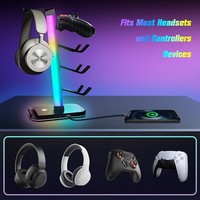 VCOM RGB Gaming Headphones Stand with 10 Light Modes, 4 Controller Holder with 1 USB & 2 Type-C Charging Ports,Headset Stand Suitable for All Earphone Accessories, Best Gift for Desk Gamers