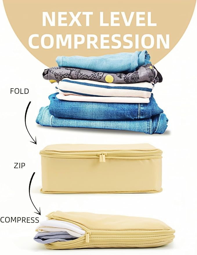 6 Set Compression Packing Cubes for 7–14 Day Travel, Bright Yellow | Nylon Oxford Fabric, Full Breathable Mesh, Reinforced Double-Zipper, Small to Large Size Bag, Expandable Packing System