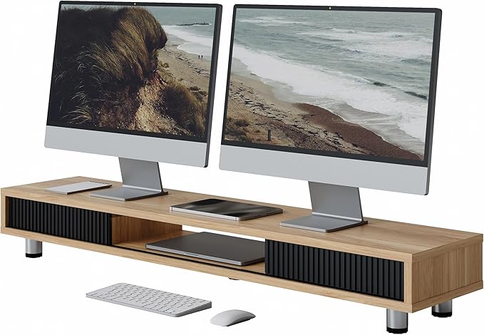 Fenge Dual Monitor Stand, 42.5inch Long Monitor Stands Riser for 2 Monitors, Sliding Door with Storage Organizer Stand for Desk, 2 Tier Desk Shelf for Laptop, Pc, Printer, Computer, TV