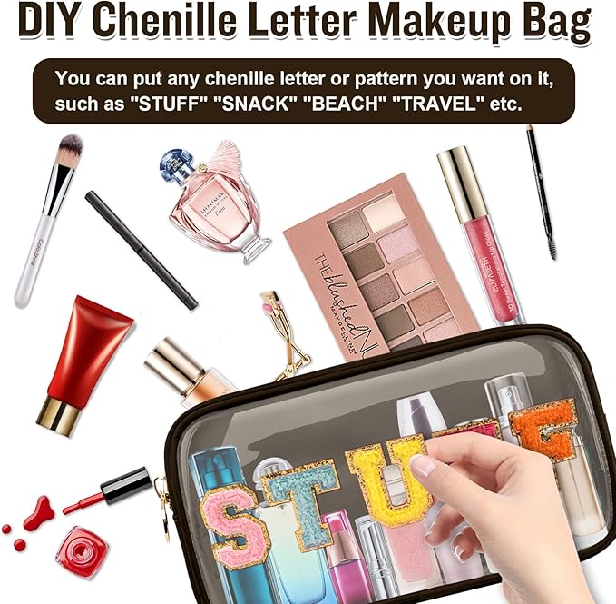 Small Clear Travel Makeup Organizer Bag for Purse, Cute Black Makeup Bag Preppy Cosmetic Zipper Pouch Purse, Transparent PVC & Nylon Toiletry Bag Clutch Makeup Brush Bag Storage for Women Girls(Brown)