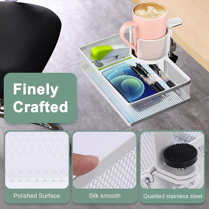 ROSYLINE 360°rotation under desk drawer, Drawer Under Desk Storage Organizer, Rotary Desk Storage Organizer with Cup Holder, Under Desk Storage, Clamp Drawer Basket, sturdy and durable (White)