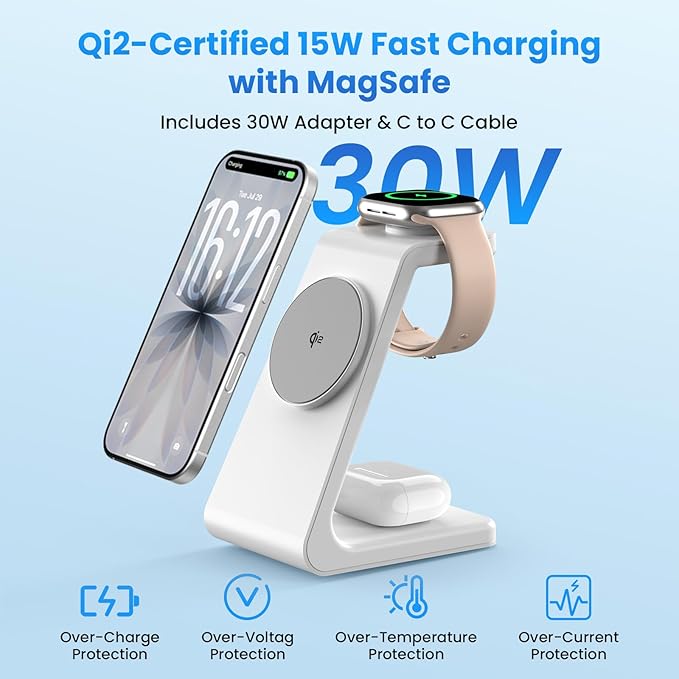 Magnetic Wireless Charging Station for iPhone: 3 in 1 Qi2 Certified 15W Fast Charging for iPhone 17-12, Apple Watch & AirPods, N52 Magnets & 30W Adapter Included (Office/Bedside/Desk)
