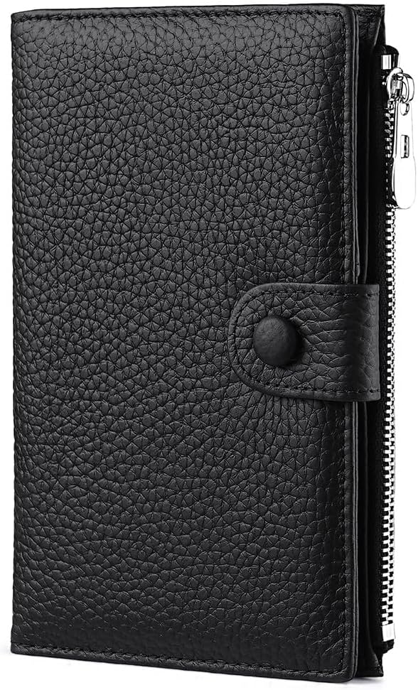 Genuine Leather Passport Holder for International Travel, RFID Blocking Compact Travel Wallet with Card Slots, Zipper Coin Pocket and SIM Slots, Slim Passport Cover Case, Black