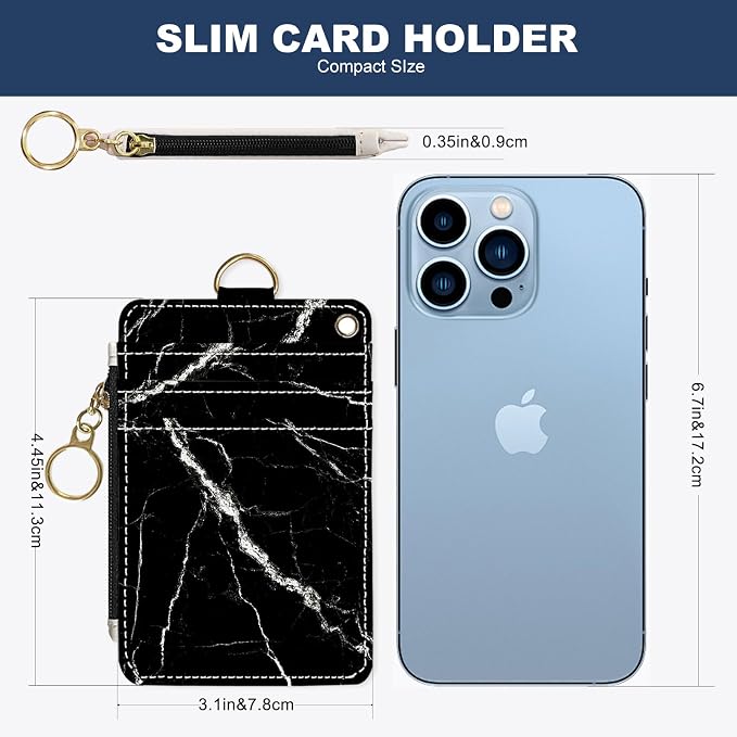 Slim Wallet Credit Card Holder, Black marble texture, RFID Wallet Women Cute Small Front Pocket Wallet With Zipper, PU Leather Thin travel RFID Blocking Card Case ID Window,Ladies Gifts