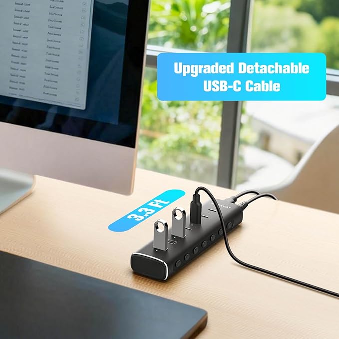 Rosonway 7 Ports Powered USB 3.2/USB C Hub 10Gbps with 4 USB-C 3.2, 3 USB-A 3.2 Ports, 3.3ft Cable and 36W(12V/3A) Power Adapter, Aluminum USB Splitter for Laptop, RSH-H7C4