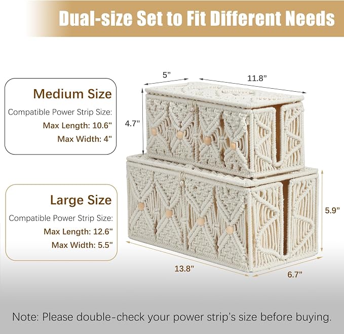 2PCS Cable Management Boxes Handmade Macrame Cord Storage Organizer Power Strips Outlet Router TV Wire Hider Cover Under Desk Natural Cotton Rope Woven Box with Lid (1 Large 1 Medium)