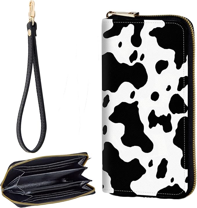Zip Around Wallets for Women with Detachable Wrist Strap, Large Capacity RFID Blocking Leather Purse Organizer Card Holder Wristlet,Cow Print