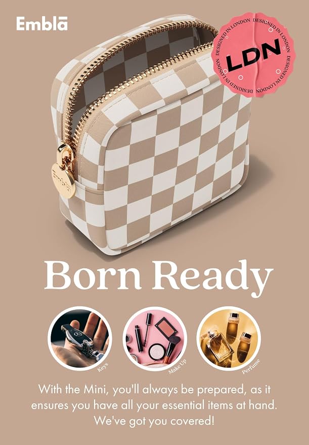 Embla Makeup Bag Travel Cosmetic Bag, Toiletry Bag, Cute Makeup Organizer, Nylon Zipper Pouch Purse Storage Bag Cosmetics Organizer, Womens Make Up Bag Mini Makeup Bags (Sand Checkered)
