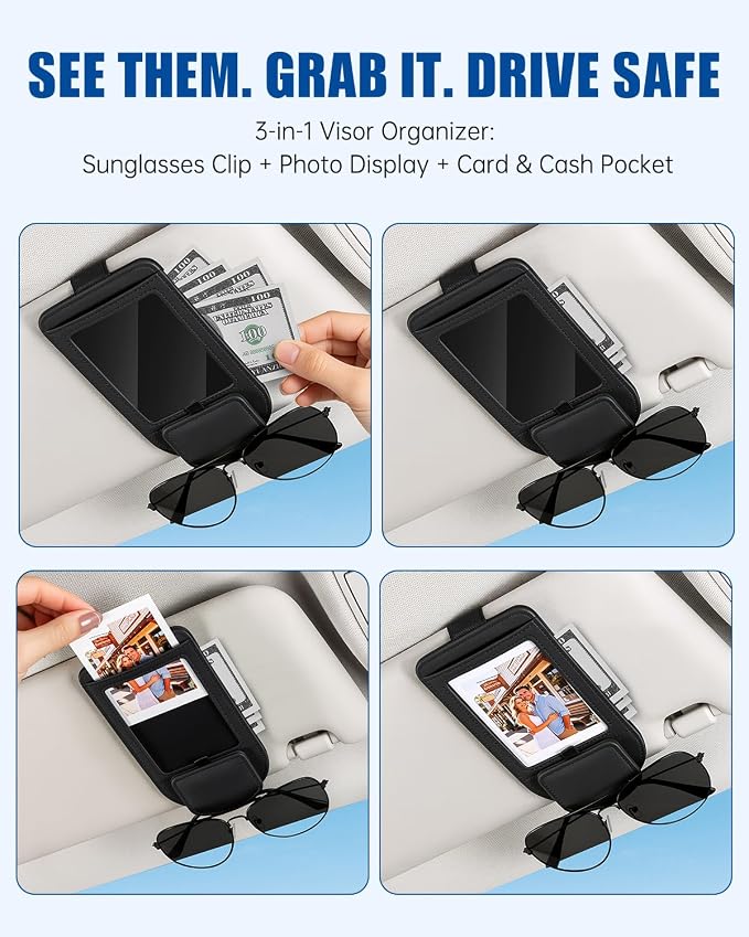 Car Visor Sunglasses Holder, 3 in 1 Glasses Clip with Photo Picture Display & Extra Storage Pocket, Anti-Slip Universal Sun Visor Organizer, 2026 Upgraded (2, Black)
