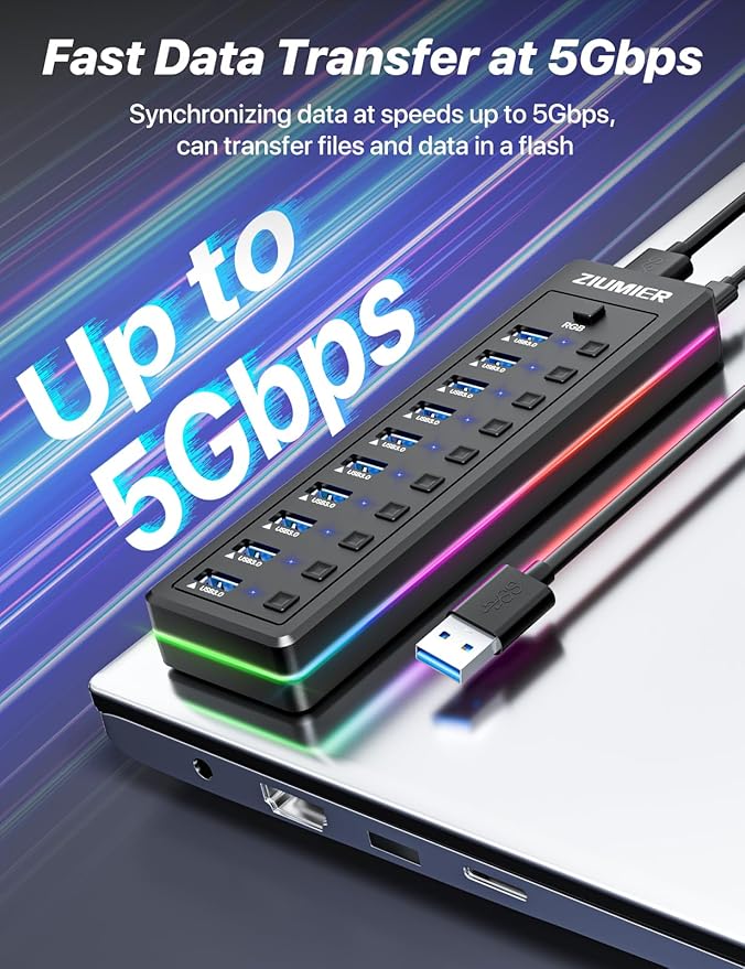 Powered USB Hub, 10-Port USB 3.0 Hub with RGB LED Strip -5Gbps Data Transfer,Individual LED On/Off Switches and 12V/2A Power Adapter for Laptop, PC, Mouse, Keyboard, Hard Drive or More USB Devices.