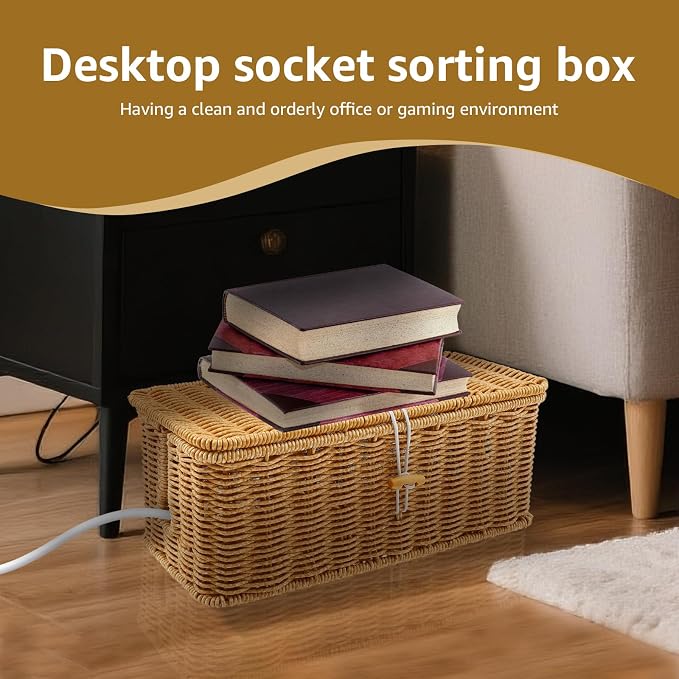 Cable Management Box with Lid, Handwoven Imitation Rattan Power Strip Hider Organizer for Computer Router USB Hub & Power Strip, Desktop Cord Organizer Box for Home Office DIY-Friendly Cord Management