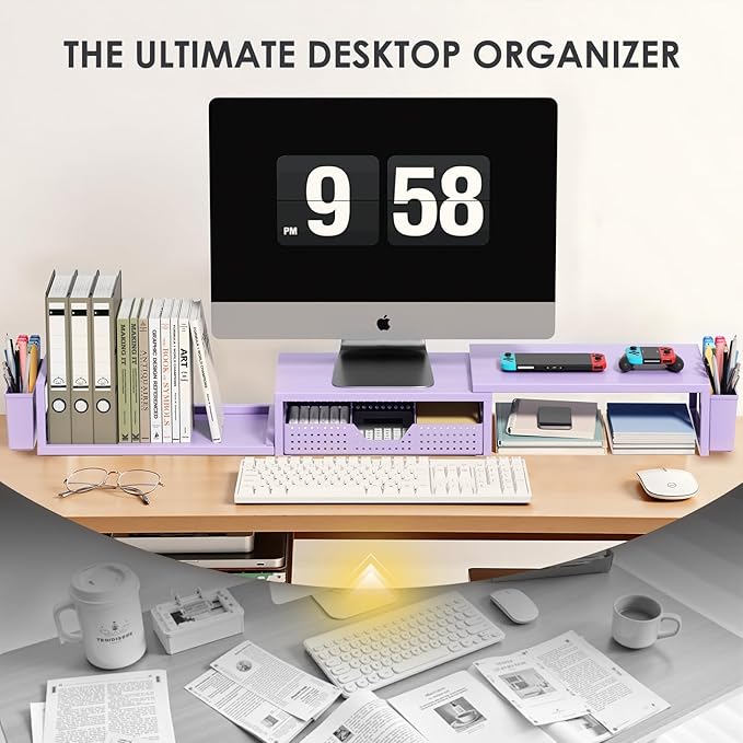 OPNICE Desk Organizers and Accessories, Dual Computer Monitor Stand Riser with Drawer and 2 Pen Holders, Office Desk Accessories, Workspace Desktop Organization for Office Supplies (Purple Metal )