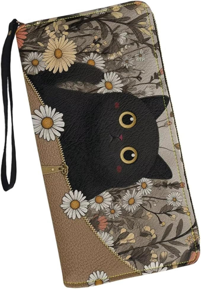 Bulopur Daisy Black Cat Wallet for Women Purse with Wristlet PU Leather Waterproof Ladies Purses Handbag Zip Around Coin Cash Clutch Card Organizers Gifts for Him