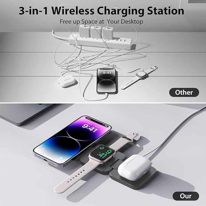 KU XIU Fast Wireless Charger, Magnetic Foldable 3 in 1 Charging Station for iPhone 16/15/14/13/12/Pro/Plus/Pro Max, 5W Portable Charger for Apple Watch9/8/7/6/5/4/3/SE, for Airpods3/2/Pro-Gray