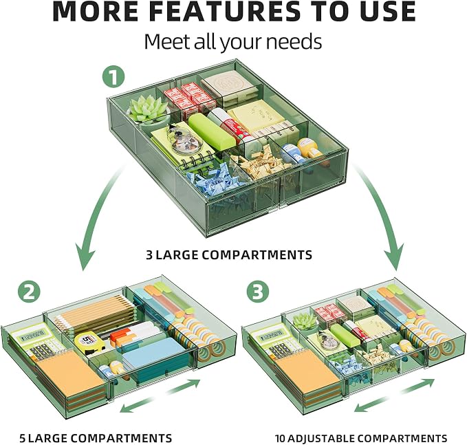 Marbrasse Expandable Desk Drawer Organizer, Clear Plastic Drawer Organizer Tray with 10 Adjustable Compartments, Desk Organizers and Accessories, 5 Drawer Dividers for Office Supplies(Clear Green)
