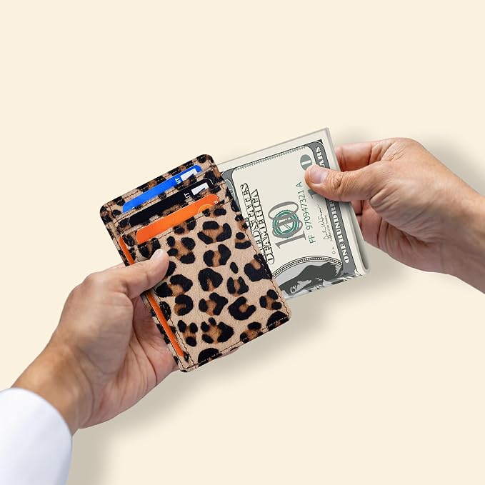 Oak Leathers Leather Slim Minimalist Wallet for Men & Women RFID Front Pocket Leather Card Holder Wallets (Small Leopard)