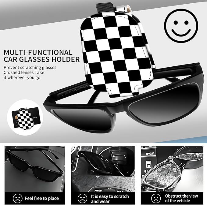 Leather Magnetic Sunglass Holder for Car Sun Visor, Cute Eyeglass Ticket Card Hanger Clip, Universal Auto Interior Accessories for SUV Pickup Truck Black White Checker